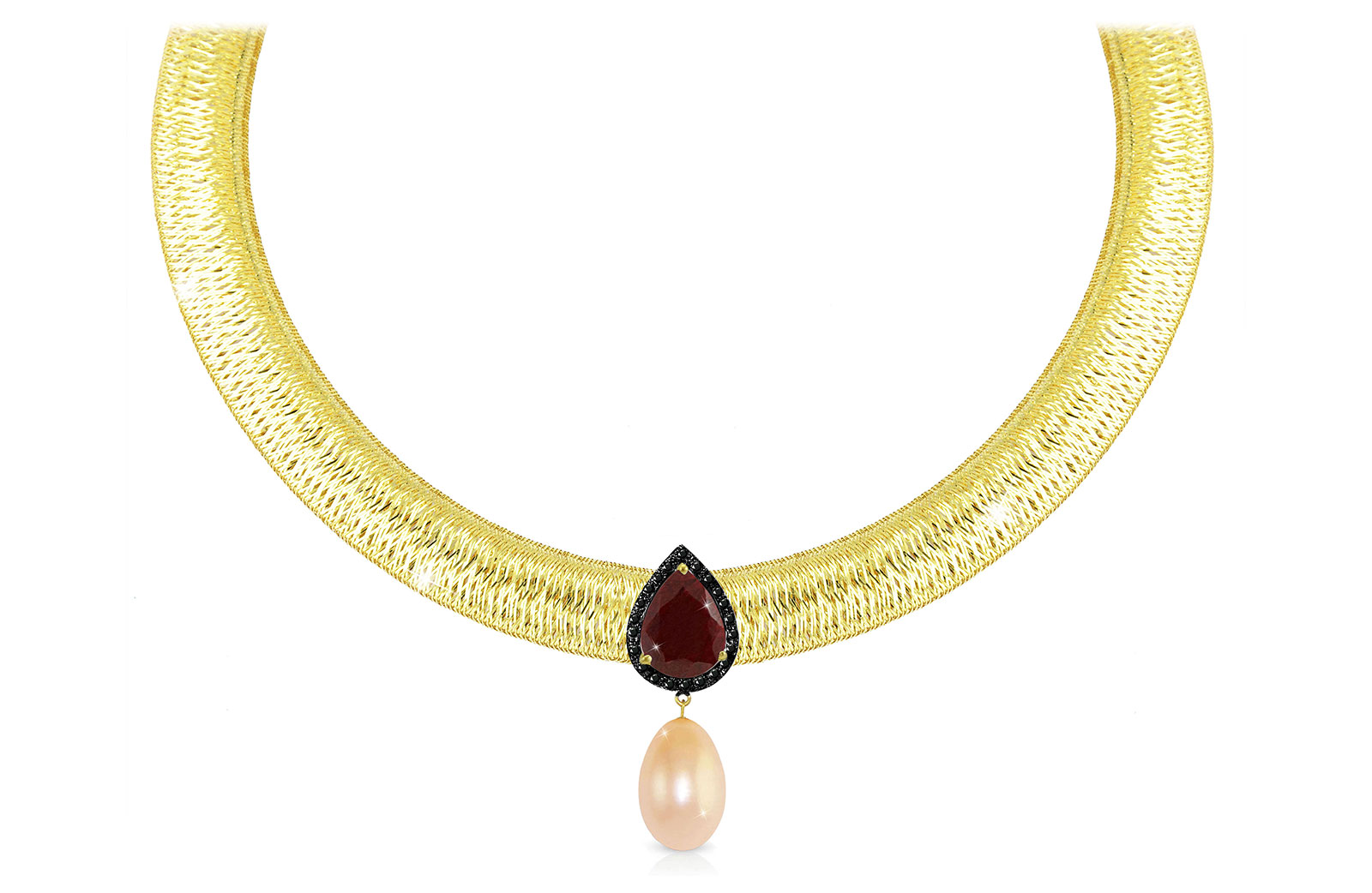 Vera Perla 18K Gold 0.12ct  Black Diamonds, Ruby and 13mm Pink Pearl  Necklace